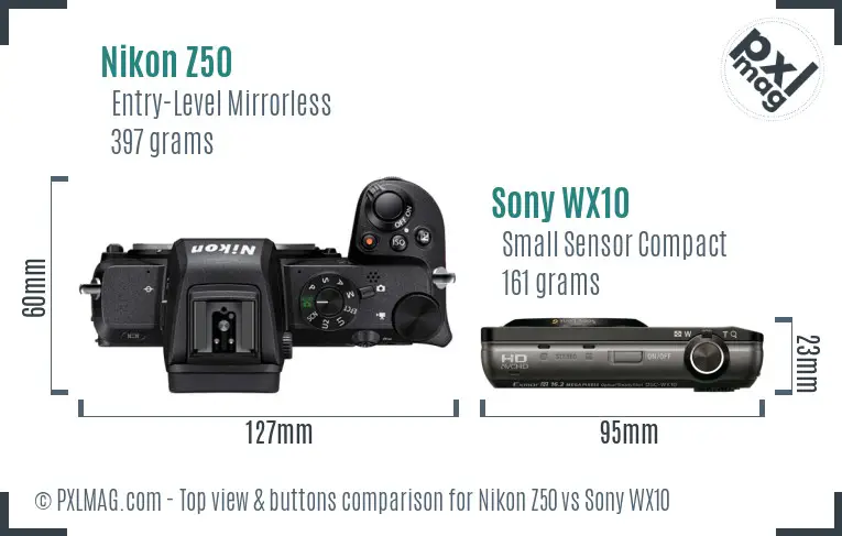 Nikon Z50 vs Sony WX10 top view buttons comparison