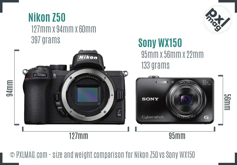 Nikon Z50 vs Sony WX150 size comparison