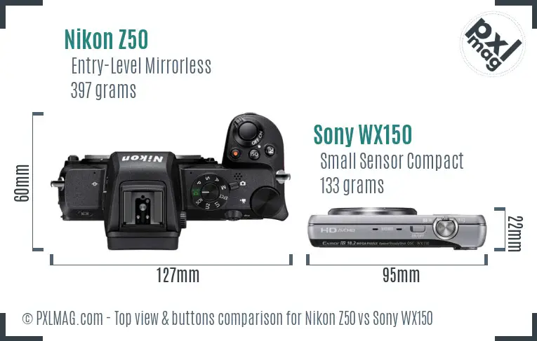 Nikon Z50 vs Sony WX150 top view buttons comparison