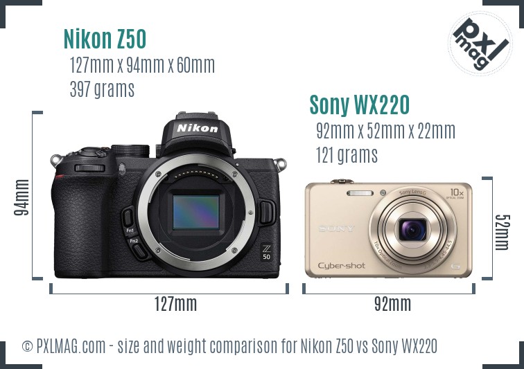 Nikon Z50 vs Sony WX220 size comparison