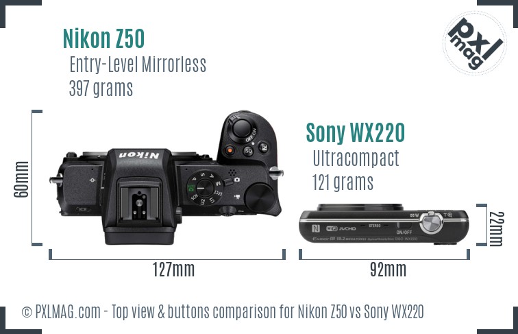 Nikon Z50 vs Sony WX220 top view buttons comparison