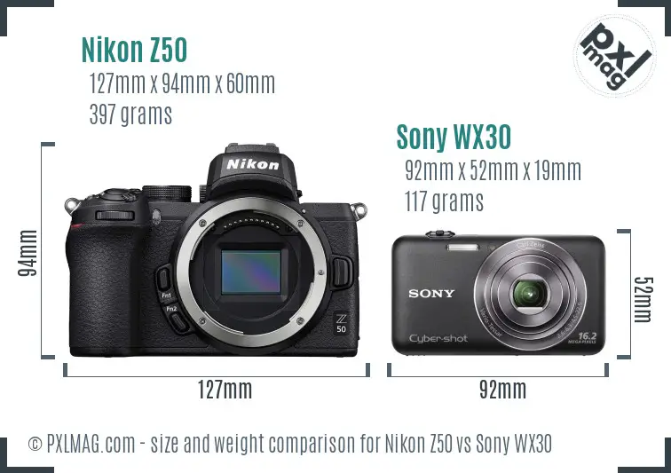 Nikon Z50 vs Sony WX30 size comparison