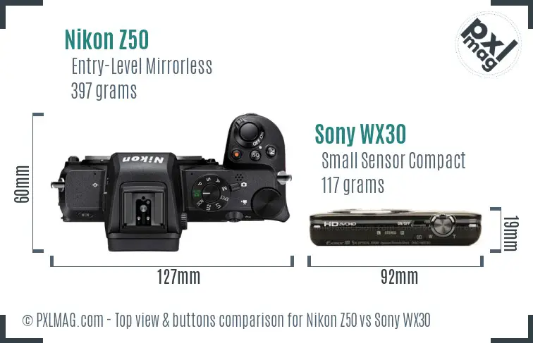 Nikon Z50 vs Sony WX30 top view buttons comparison