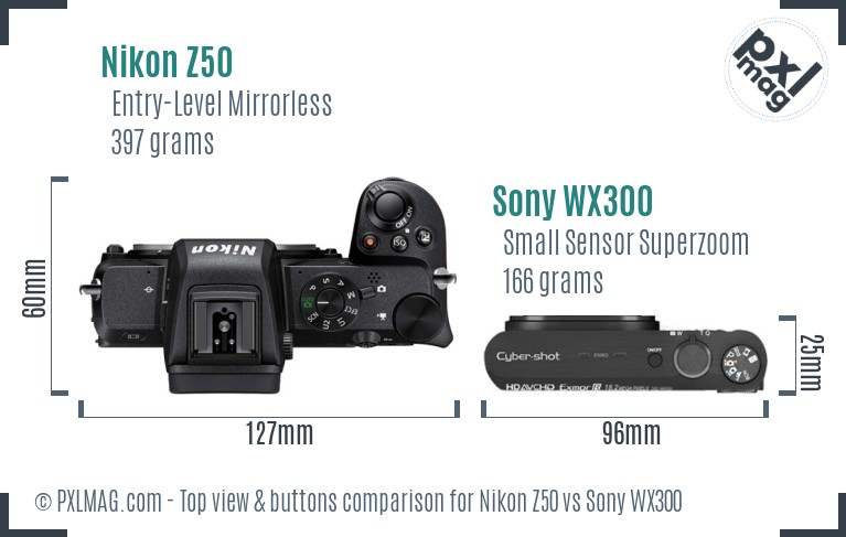 Nikon Z50 vs Sony WX300 top view buttons comparison