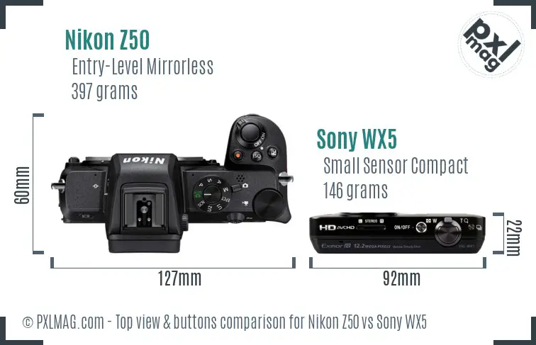 Nikon Z50 vs Sony WX5 top view buttons comparison