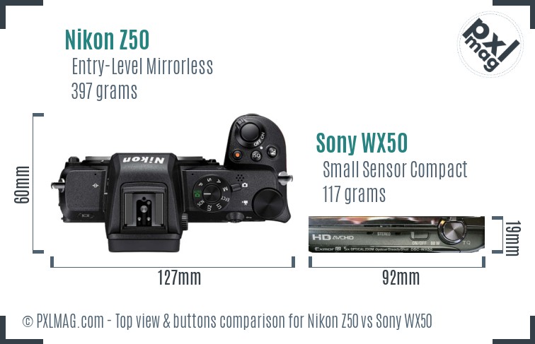 Nikon Z50 vs Sony WX50 top view buttons comparison