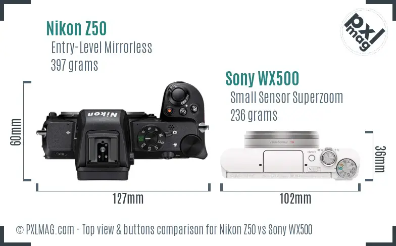 Nikon Z50 vs Sony WX500 top view buttons comparison Nikon Z50 vs Sony WX500 top view buttons comparison