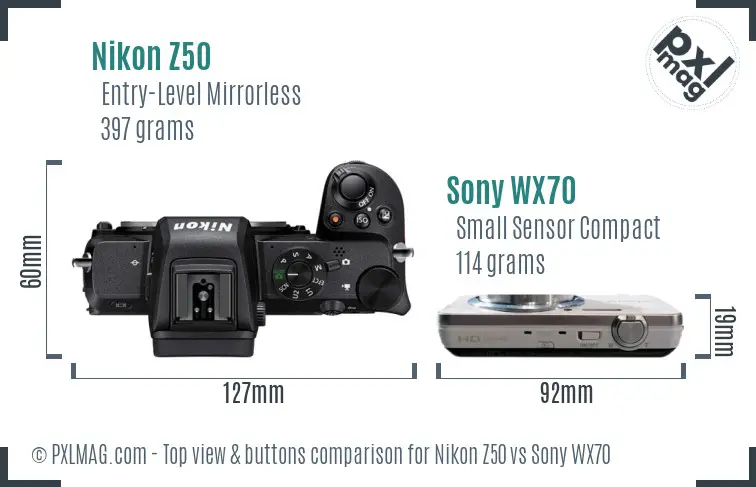 Nikon Z50 vs Sony WX70 top view buttons comparison