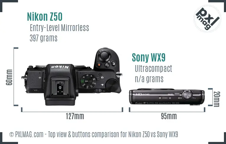 Nikon Z50 vs Sony WX9 top view buttons comparison