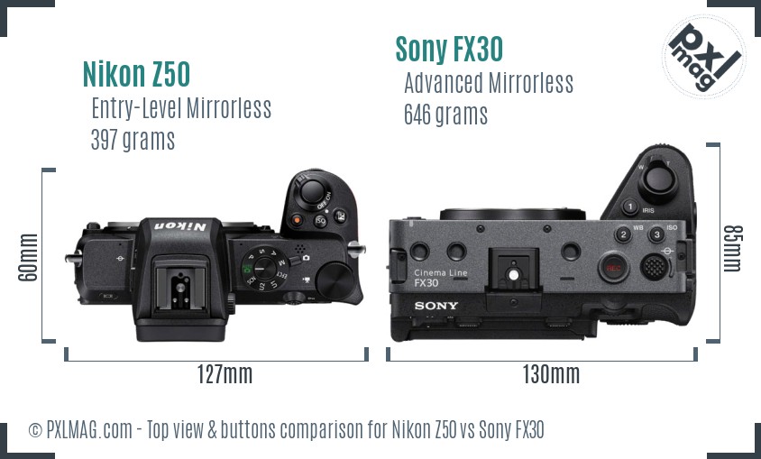 Nikon Z50 vs Sony FX30 top view buttons comparison