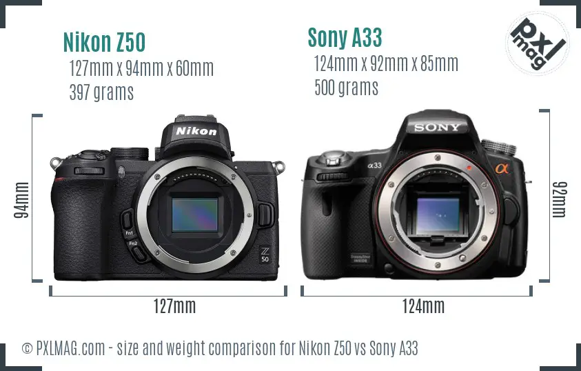 Nikon Z50 vs Sony A33 size comparison