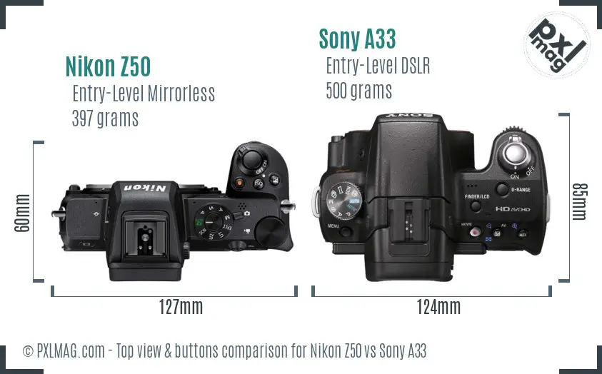 Nikon Z50 vs Sony A33 top view buttons comparison