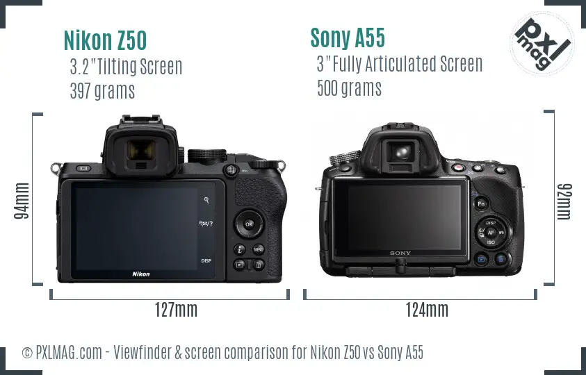 Nikon Z50 vs Sony A55 Screen and Viewfinder comparison