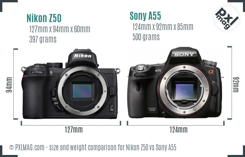 Nikon Z50 vs Sony A55 size comparison