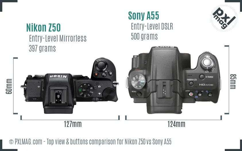 Nikon Z50 vs Sony A55 top view buttons comparison