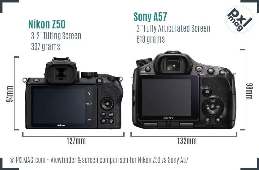 Nikon Z50 vs Sony A57 Screen and Viewfinder comparison