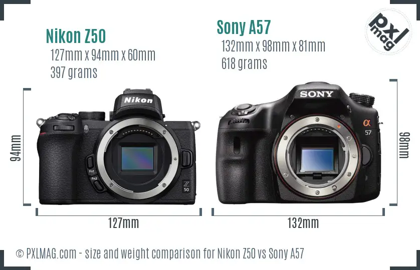 Nikon Z50 vs Sony A57 size comparison