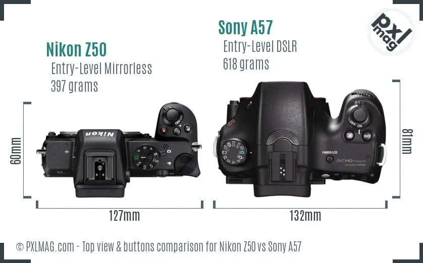 Nikon Z50 vs Sony A57 top view buttons comparison