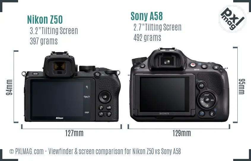 Nikon Z50 vs Sony A58 Screen and Viewfinder comparison