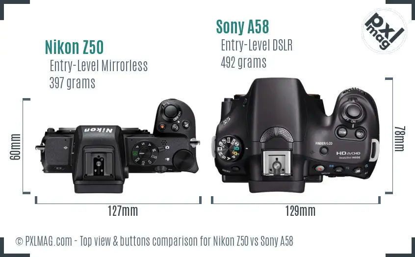 Nikon Z50 vs Sony A58 top view buttons comparison