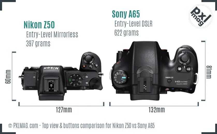 Nikon Z50 vs Sony A65 top view buttons comparison