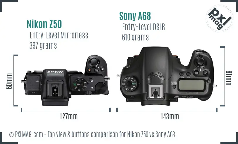 Nikon Z50 vs Sony A68 top view buttons comparison