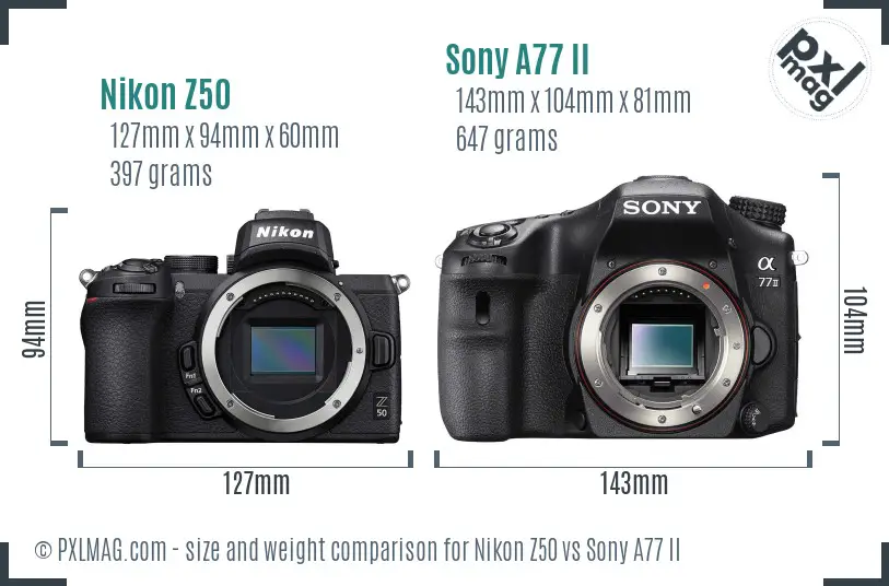 Nikon Z50 vs Sony A77 II size comparison