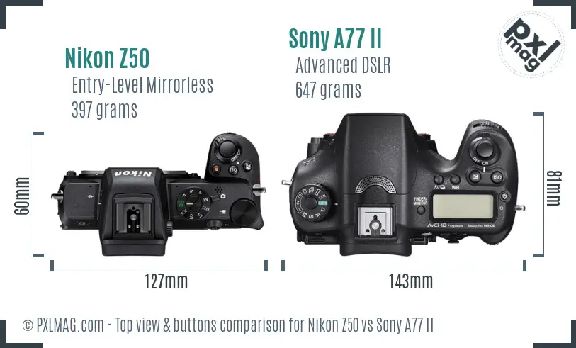 Nikon Z50 vs Sony A77 II top view buttons comparison
