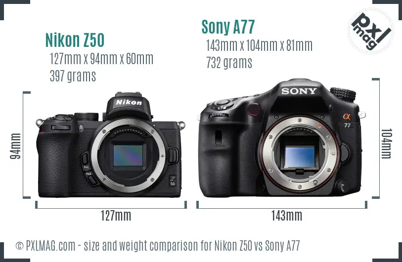 Nikon Z50 vs Sony A77 size comparison