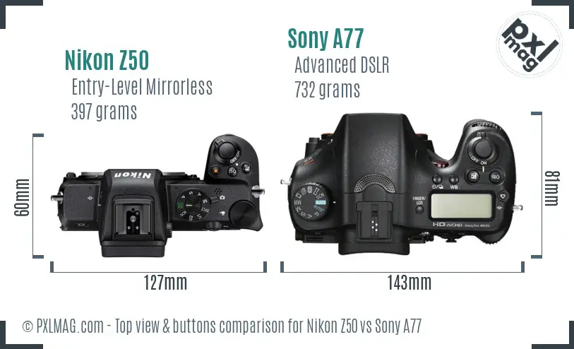 Nikon Z50 vs Sony A77 top view buttons comparison
