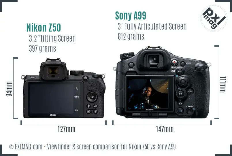 Nikon Z50 vs Sony A99 Screen and Viewfinder comparison