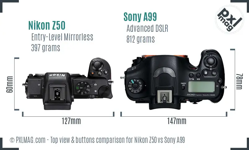 Nikon Z50 vs Sony A99 top view buttons comparison