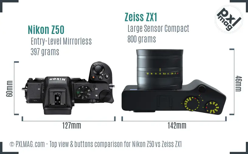 Nikon Z50 vs Zeiss ZX1 top view buttons comparison Nikon Z50 vs Zeiss ZX1 top view buttons comparison