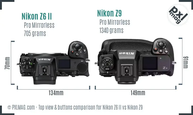 Nikon Z6 II vs Nikon Z9 top view buttons comparison