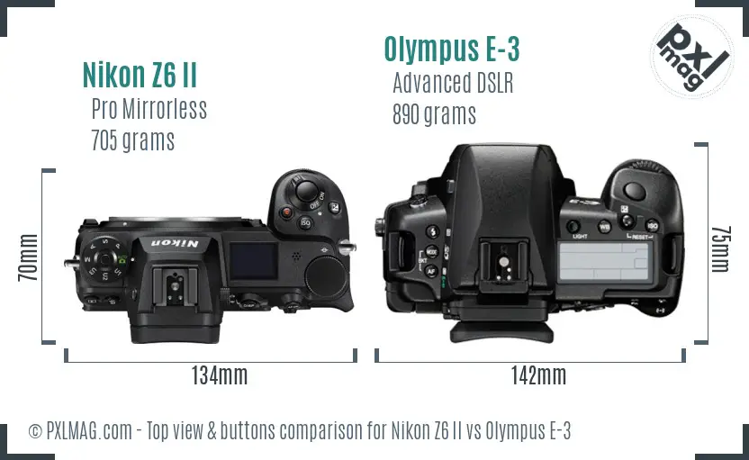 Nikon Z6 II vs Olympus E-3 top view buttons comparison