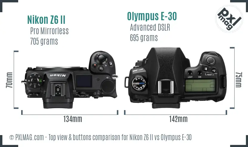 Nikon Z6 II vs Olympus E-30 top view buttons comparison