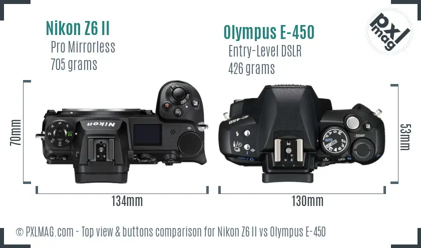 Nikon Z6 II vs Olympus E-450 top view buttons comparison