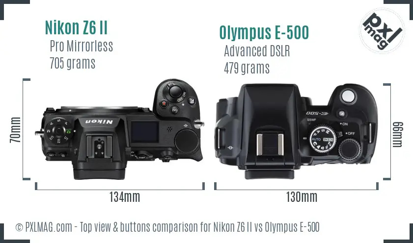 Nikon Z6 II vs Olympus E-500 top view buttons comparison