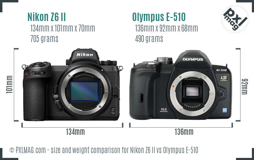 Nikon Z6 II vs Olympus E-510 size comparison
