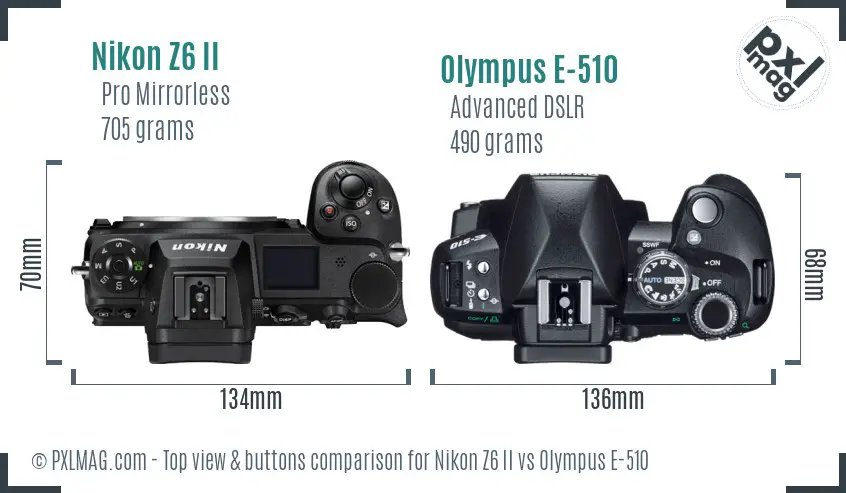 Nikon Z6 II vs Olympus E-510 top view buttons comparison
