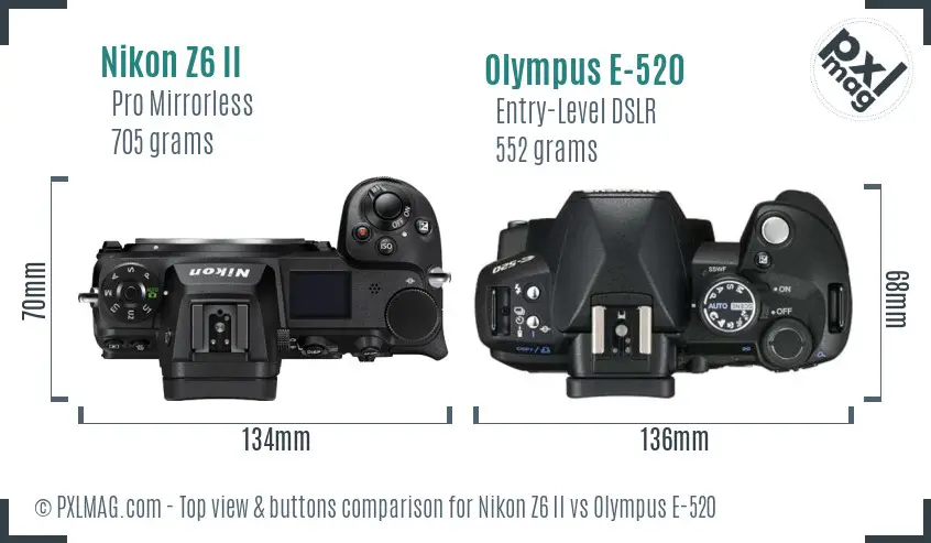 Nikon Z6 II vs Olympus E-520 top view buttons comparison