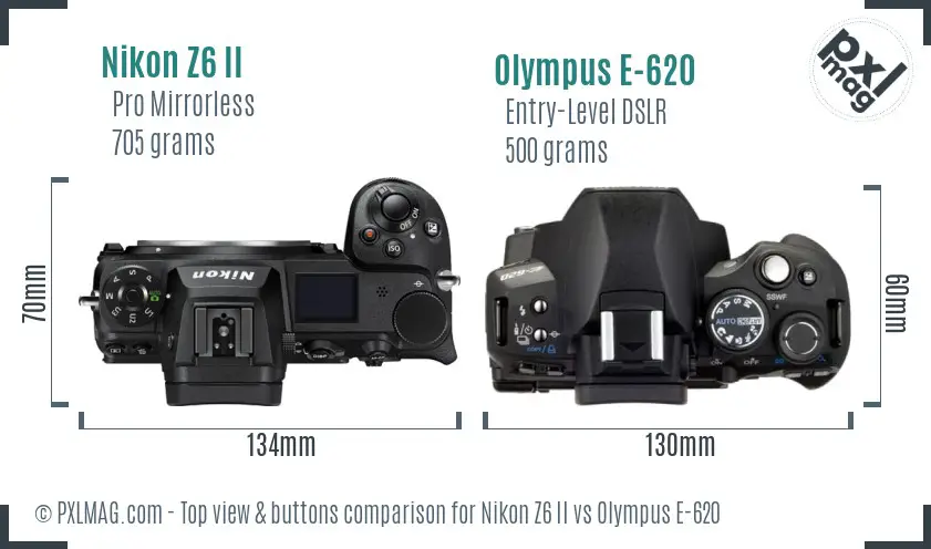 Nikon Z6 II vs Olympus E-620 top view buttons comparison