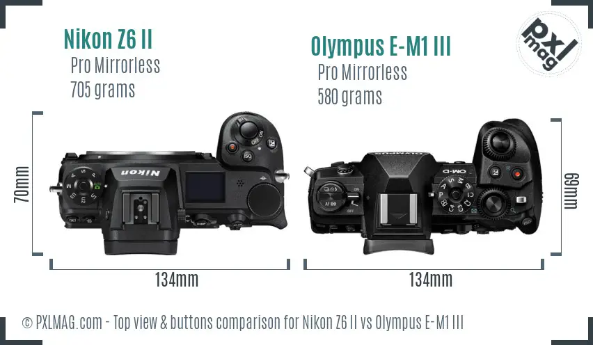 Nikon Z6 II vs Olympus E-M1 III top view buttons comparison