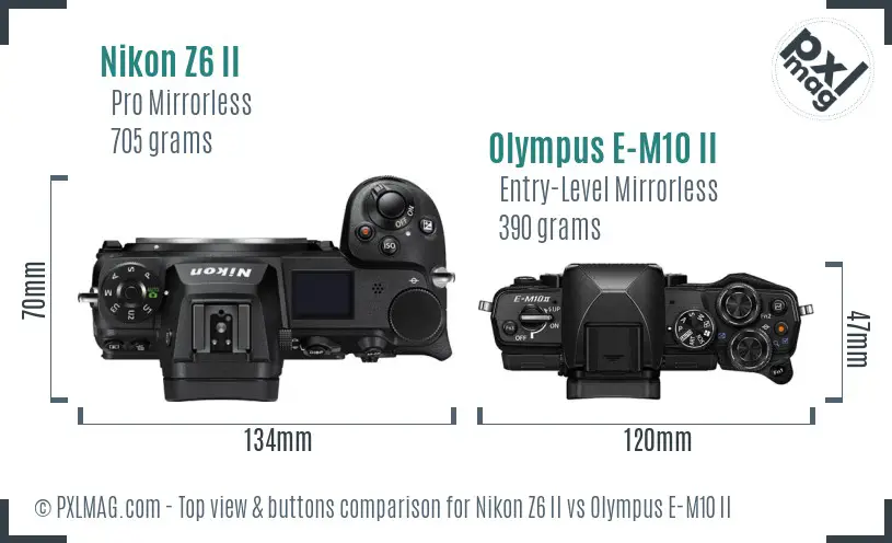 Nikon Z6 II vs Olympus E-M10 II top view buttons comparison