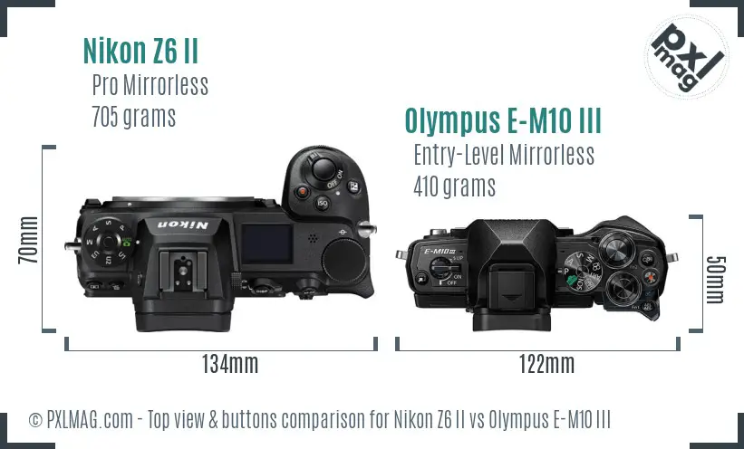 Nikon Z6 II vs Olympus E-M10 III top view buttons comparison