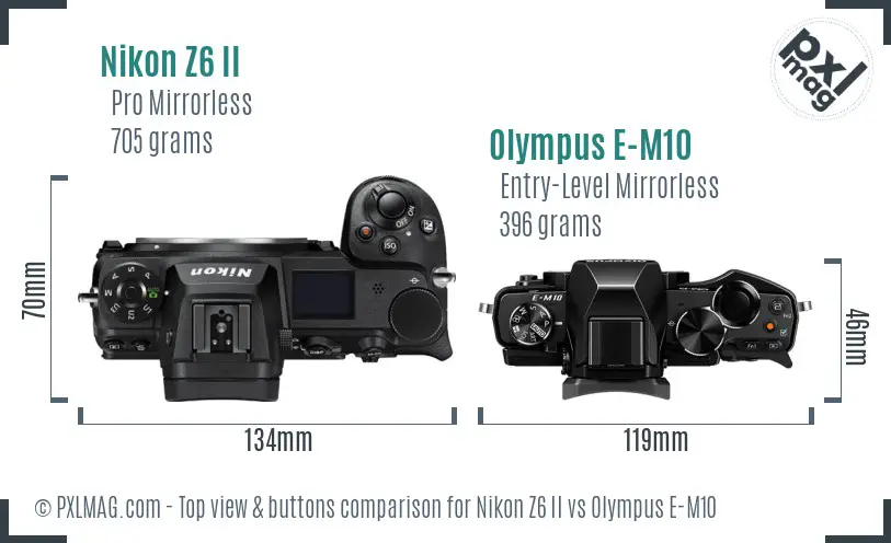 Nikon Z6 II vs Olympus E-M10 top view buttons comparison