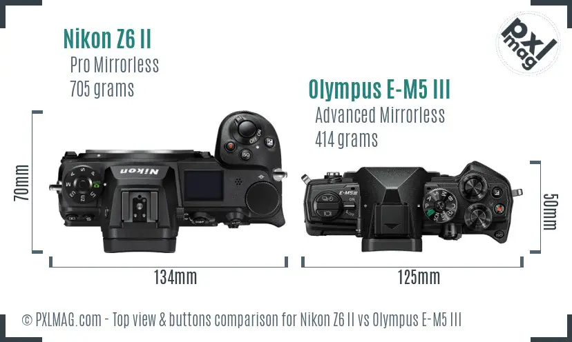 Nikon Z6 II vs Olympus E-M5 III top view buttons comparison
