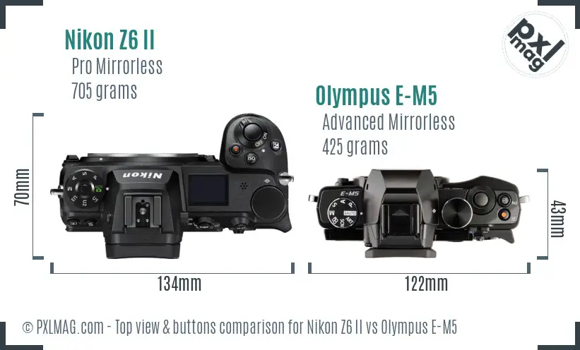 Nikon Z6 II vs Olympus E-M5 top view buttons comparison