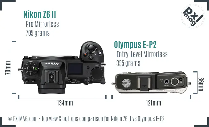 Nikon Z6 II vs Olympus E-P2 top view buttons comparison