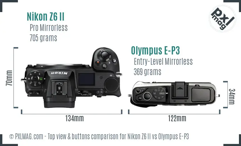 Nikon Z6 II vs Olympus E-P3 top view buttons comparison